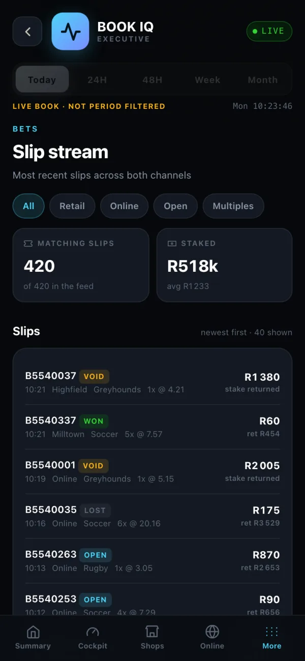 BOOK IQ slip stream showing recent bets with status, stake and return