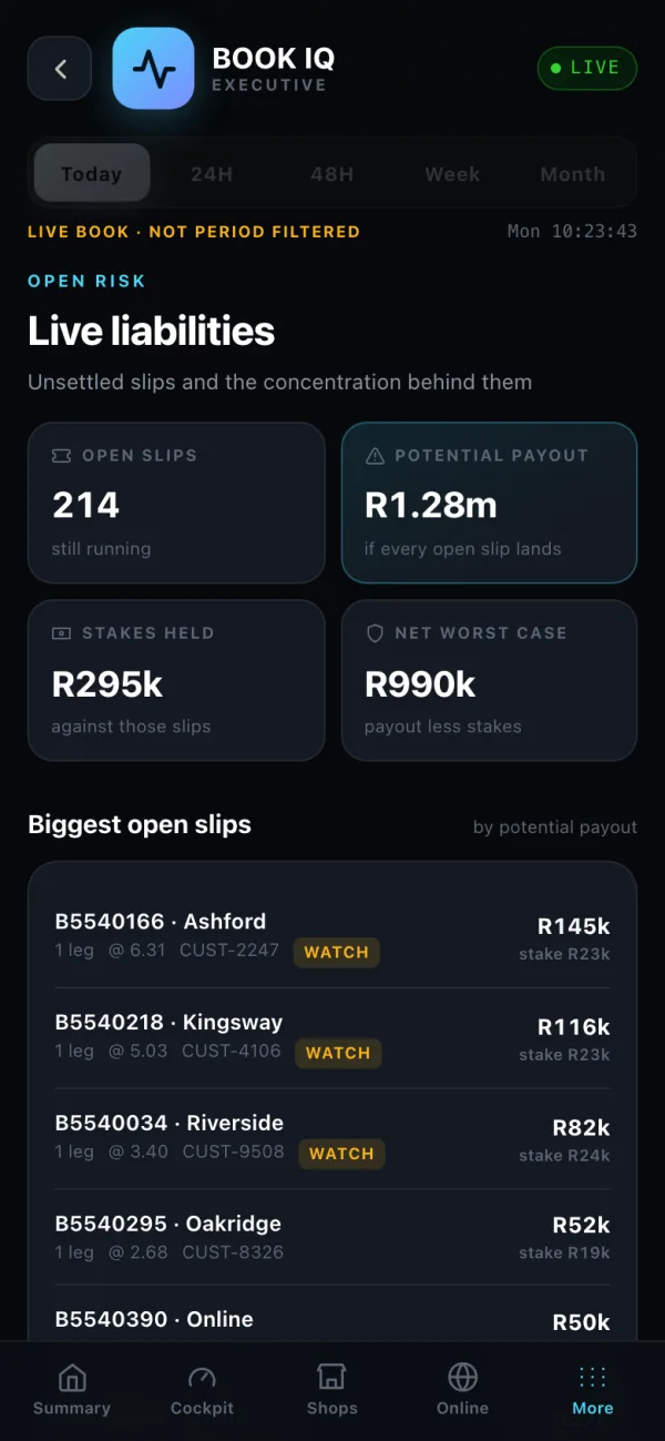 BOOK IQ open risk screen listing open slips, potential payout and net worst case